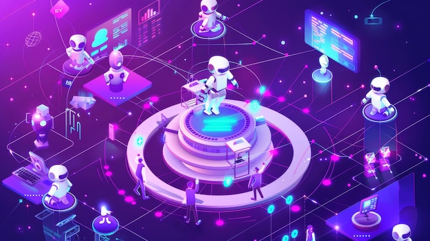 Photo a robotic process automation illustration with artificial intelligence robots analyzing data and diagrams on dashboard virtual screens an seo workflow isolated on purple and an infographic banner