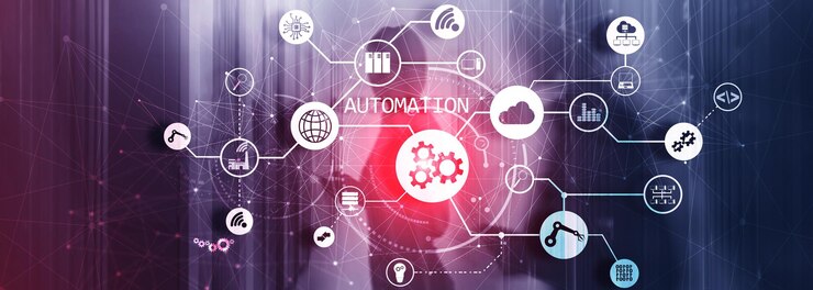 Robotic Process Automation op wazig Big Data Center panoramische horizontale foto
