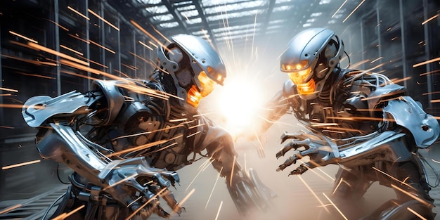 ロボットプログラマは 閃光の速さでコードを入力し 機械に知性と自律性を与えます 概念 ロボット プログラミング 人工知能 自律技術