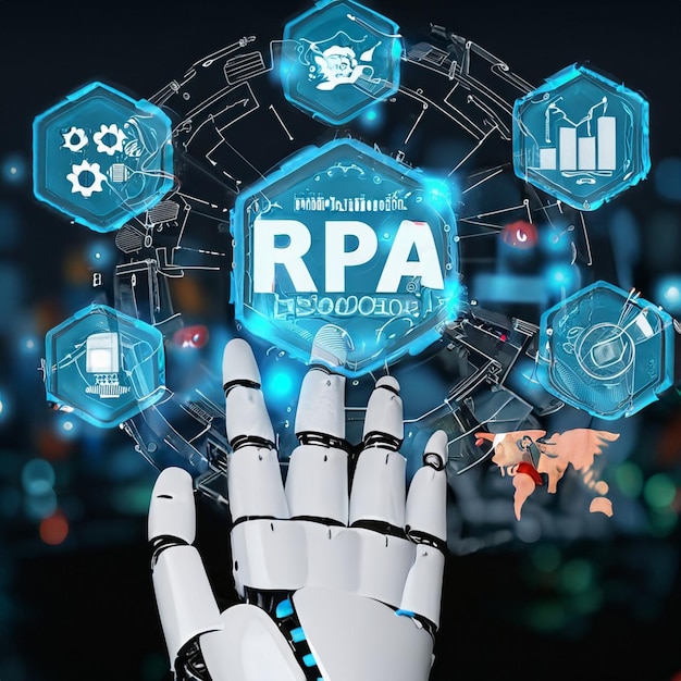 Robotic RPA big data analysis automation trading robot technology with carts and diagrams on virtual
