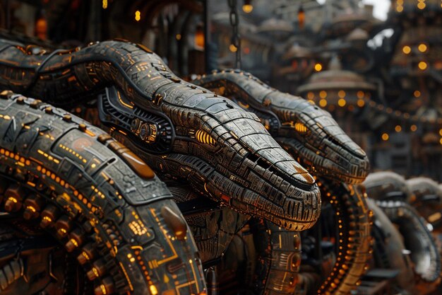 Robotic serpents guarding a hidden steampunk city