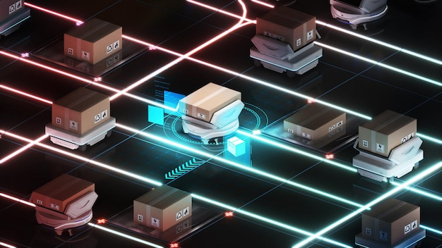 Trasporto robotico e movimentazione merci utilizzando l'automazione nella gestione dei prodotti magazzino e connessioni tecnologiche render 3d