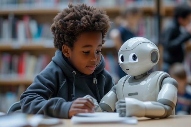 A robotic tutor helping a student with homework making education accessible and engaging