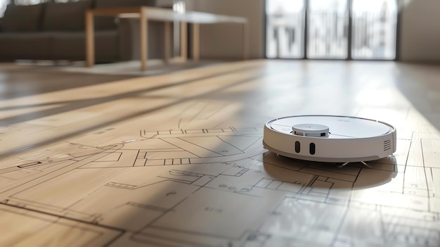 A robotic vacuum cleaner is cleaning the floor it has a map of the house and it is cleaning the floor in a systematic way