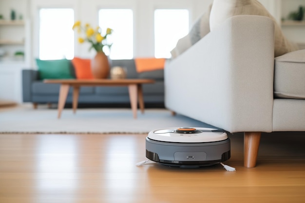 Robotic vacuum cleaner navigating around furniture on carpet