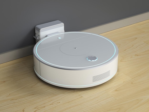 Robotic vacuum cleaner or sweeper at charging station