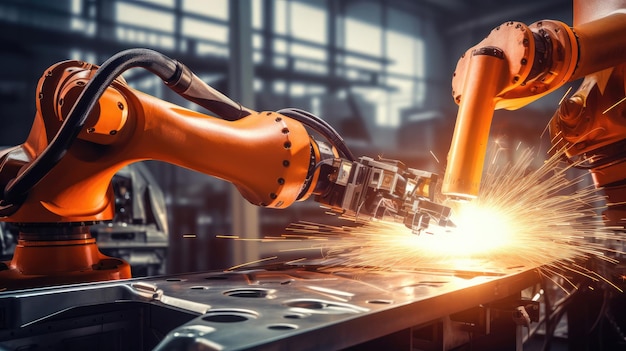 A robotic welder in a modern factory