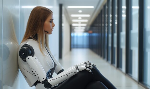 Photo robotic white businesswoman metallic cyborg citting in the light office hallway hoping for success