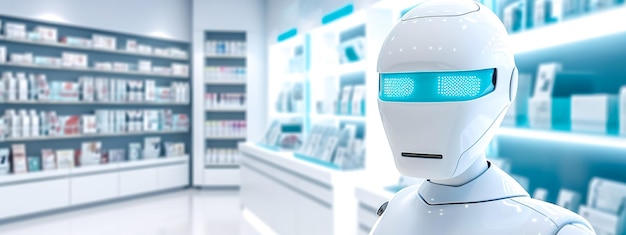 Robotica apotheekpersoneel gezondheidszorgconcept van de toekomstige banner met kopieerruimte gemaakt met Generative AI