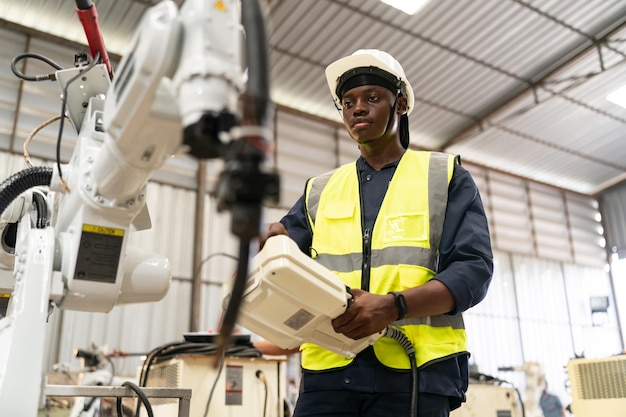 Robotica-ingenieur bezig met onderhoud van moderne robotarm in fabrieksmagazijn Zakelijke technoloy