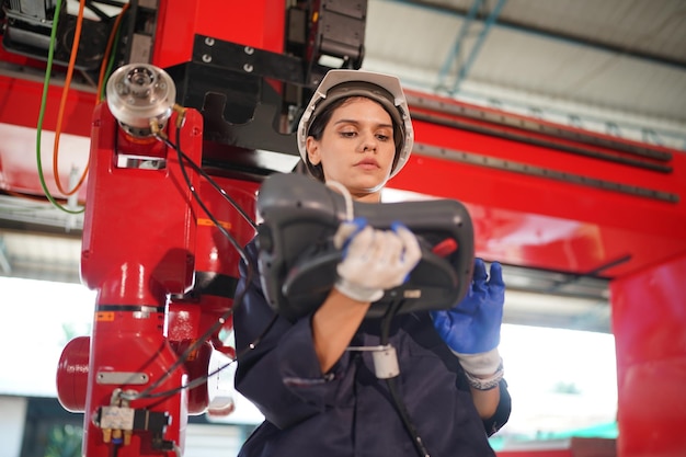 Robotica-ingenieur bezig met onderhoud van moderne robotarm in fabrieksmagazijn Zakelijke technoloy