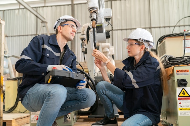 Robotica-ingenieur bezig met onderhoud van moderne robotarm in fabrieksmagazijn