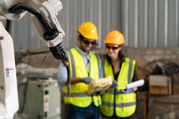 Robotica-ingenieur bezig met onderhoud van moderne robotarm in fabrieksmagazijn