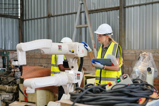 Robotica-ingenieur bezig met onderhoud van moderne robotarm in fabrieksmagazijn