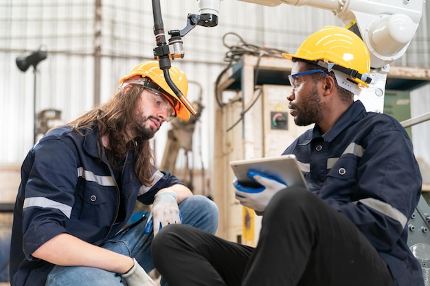 Robotica-ingenieur bezig met onderhoud van moderne robotarm in fabrieksmagazijn