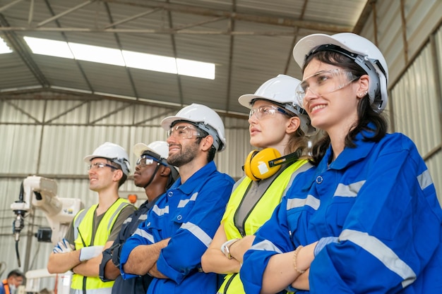 Robotica-ingenieur bezig met onderhoud van moderne robotarm in fabrieksmagazijn