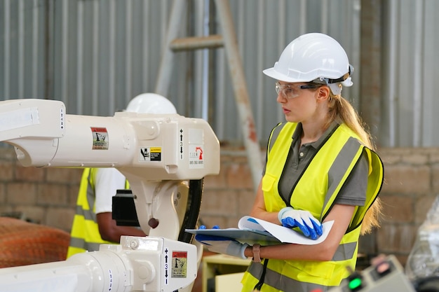 Robotica-ingenieur bezig met onderhoud van moderne robotarm in fabrieksmagazijn