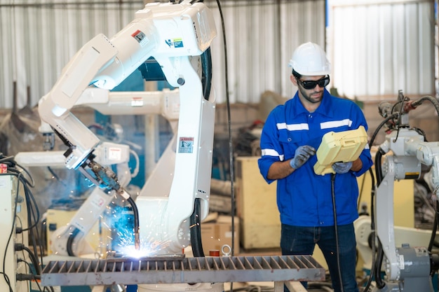 Robotica-ingenieur bezig met onderhoud van moderne robotarm in fabrieksmagazijn