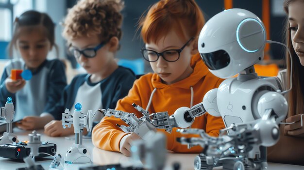robotics class a group of diverse children are sitting at a table in a classroom building robots