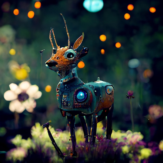 Robotics deer in a garden with flower