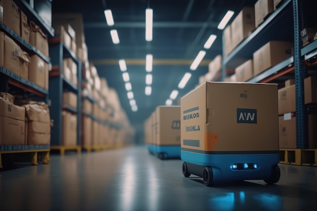 Robotics delivering cardboard Boxes in warehouse Distribution logistics center Generative Ai