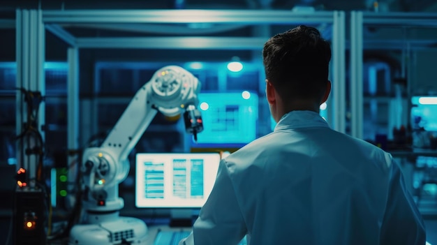 Photo robotics engineer working in a lab with robotics arm