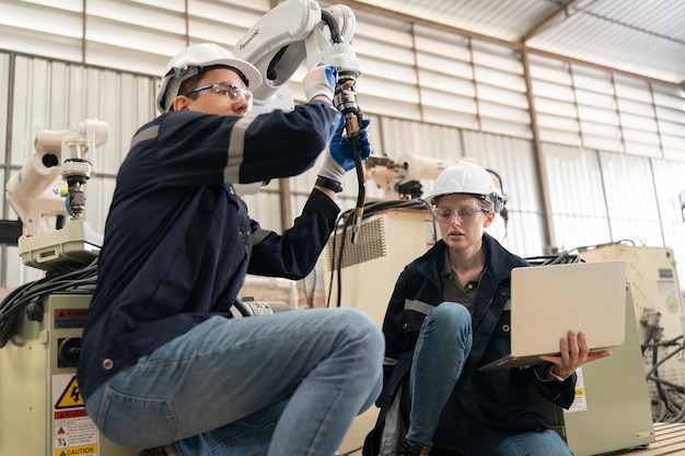 Robotics engineer working on maintenance of modern robotic arm in factory warehouse