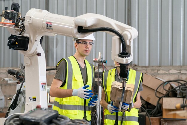 Robotics engineer working on maintenance of modern robotic arm in factory warehouse