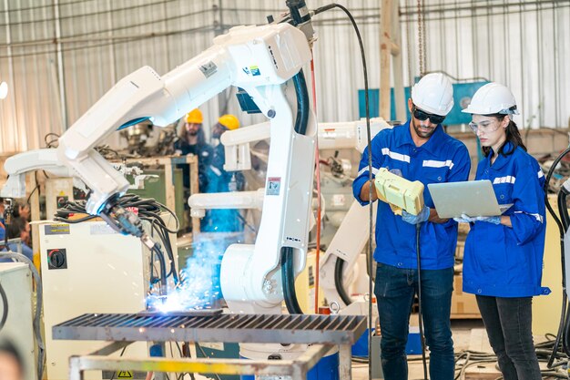 Robotics engineer working on maintenance of modern robotic arm in factory warehouse