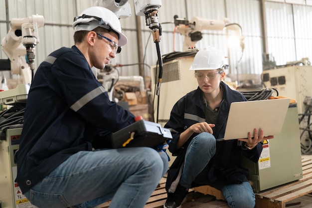 Robotics engineer working on maintenance of modern robotic arm in factory warehouse