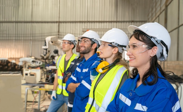 Robotics engineer working on maintenance of modern robotic arm in factory warehouse