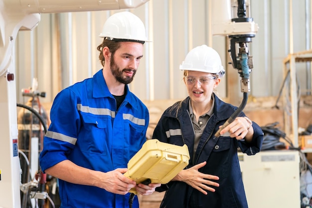 Robotics engineer working on maintenance of modern robotic arm in factory warehouse