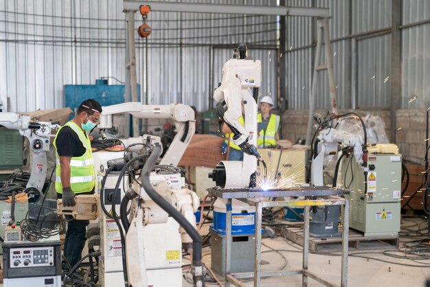 Robotics engineer working on maintenance of modern robotic arm\
in factory warehouse