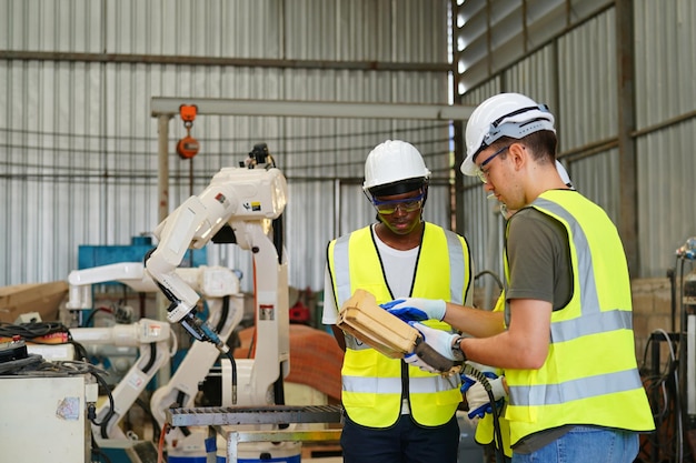 Robotics engineer working on maintenance of modern robotic arm in factory warehouse