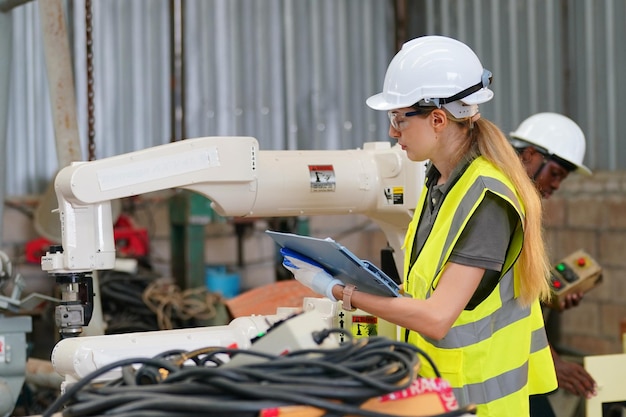 Robotics engineer working on maintenance of modern robotic arm in factory warehouse