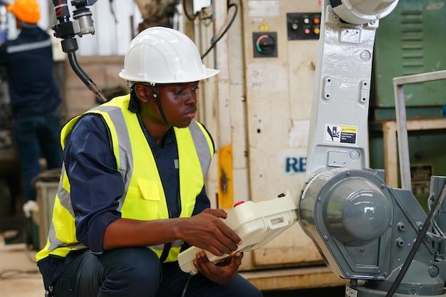 Robotics engineer working on maintenance of modern robotic arm in factory warehouse