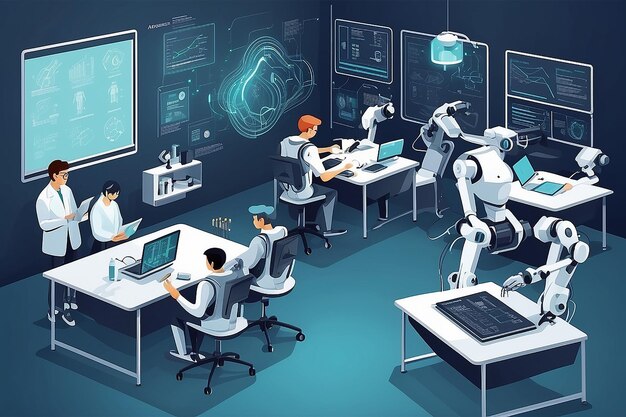 a robotics lab with students developing ai algorithms for autonomous robots vector illustration in flat style