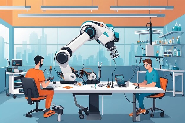 a robotics lab with students developing robotic prosthetics for medical applications vector illustration in flat style