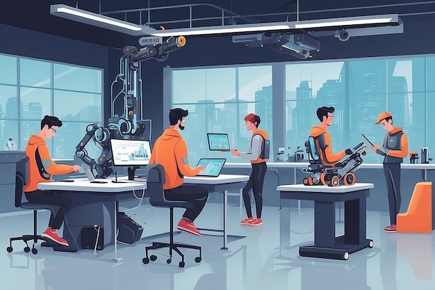 Robotics Lab with Testing Robots Vector Flat Style Illustration