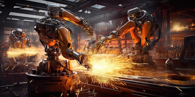 robotics in a manufacturing factory with sparks and a sparking element in the style of dark yellow