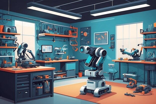 Photo robotics workshop lab with spare parts tools and workbench for assembling robotic components flat vector illustration