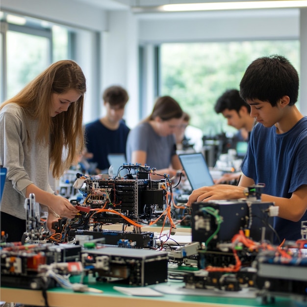 학생들이 다양한 구성 요소를 가진 로을 조립하고 프로그래밍하는 로 작업실