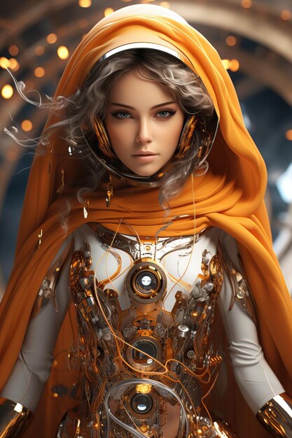 a roboticwoman with a orange hood