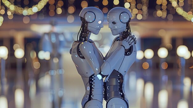 Robotische gratie AI-entiteiten dansen elegant in een fel verlichte balzaal die romantiek uitstraalt Automation liefde