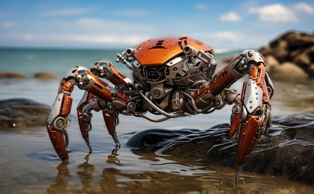 Robotkrab op de kust tussen de rotsen