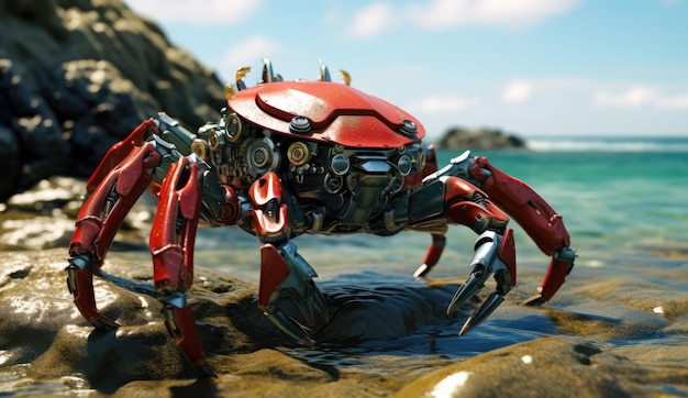 Robotkrab op de kust tussen de rotsen