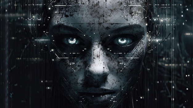 Robotmonteur gezicht met neurale link intelligentie big data Cyberpunk android robot bionische kunstmatig