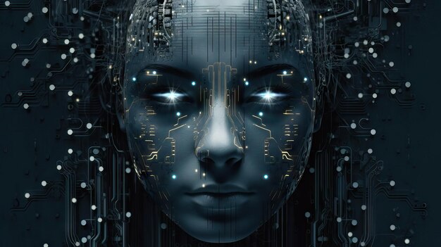 Robotmonteur gezicht met neurale link intelligentie big data Cyberpunk android robot bionische kunstmatig
