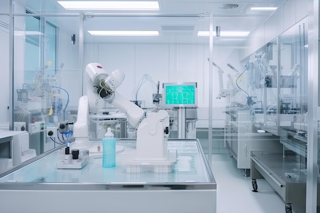Robotreiniging en ontsmetting van tafelblad in cleanroom met apparatuur voor wetenschappelijk onderzoek zichtbaar