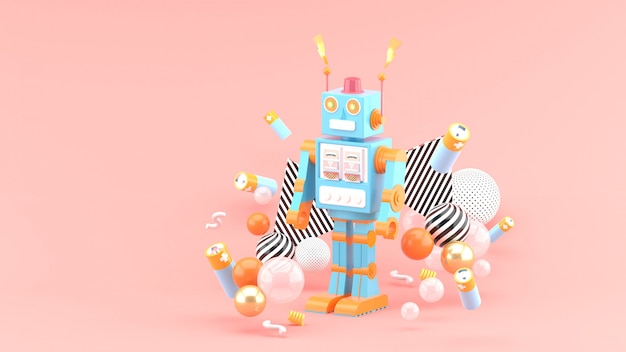 The robots are among the batteries and colorful balls on the pink space